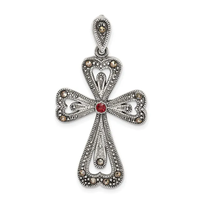 Sterling Silver Antiqued Marcasite and Garnet Cross Pendant Goldia Necklaces