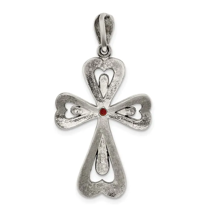 Sterling Silver Antiqued Marcasite and Garnet Cross Pendant Goldia Necklaces