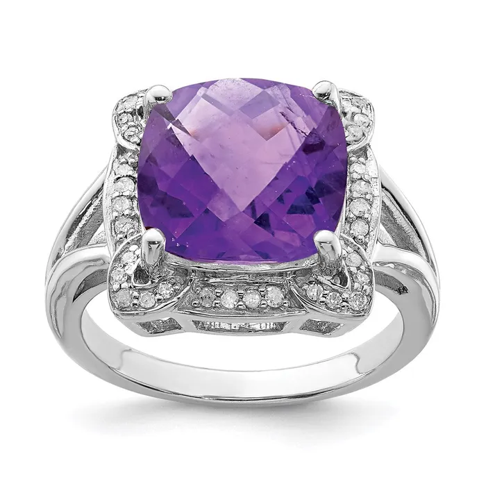 Sterling Silver Rhodiumplated CheckerCut Amethyst u0026 Diamond Ring Goldia Rings